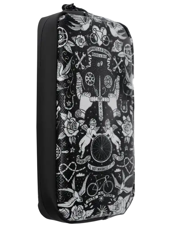Black cycling accessory bag with white tattoo-style graphics, roses, bikes, and cherubs