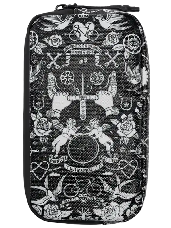 Black cycling accessory pouch with white tattoo-style designs, roses, bikes, and inspirational quotes