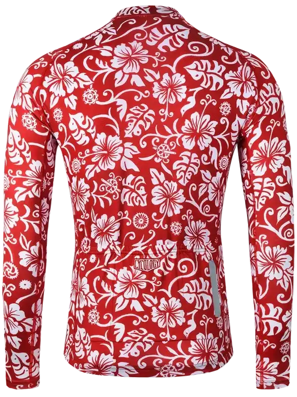 Red long-sleeve cycling jersey with white floral pattern, reflective details, and rear pockets for men or women.