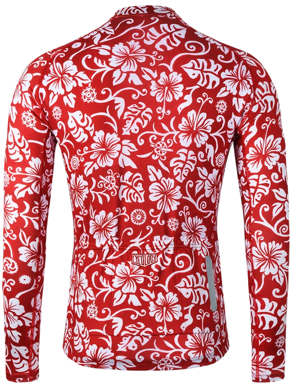 Red and white men's floral patterned long-sleeve cycling jersey with CYCOLOGY branding 