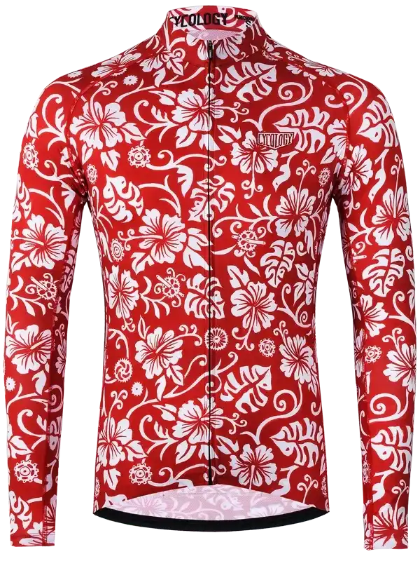 Red and white floral long sleeve cycling jersey with full zip and brand logo