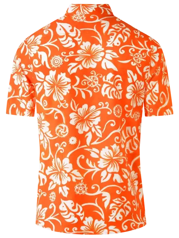 Orange short-sleeve cycling shirt with white floral pattern, ideal for men's and women's bike rides.