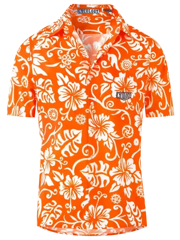 Vibrant orange men's short-sleeve cycling shirt with white floral pattern and brand logo