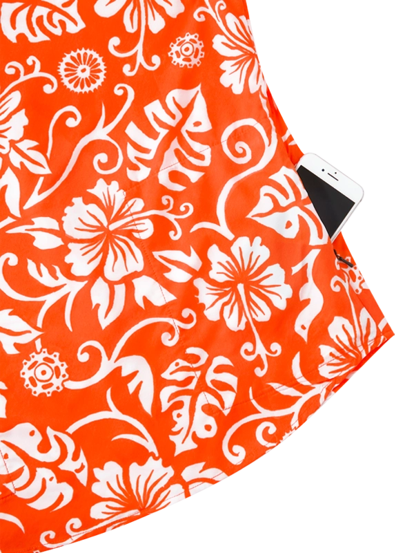 Orange Men's Gravel Shirt with white Hawaiian floral pattern 