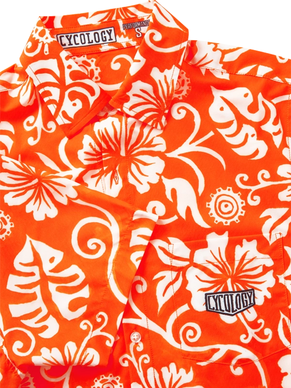 Orange Men's Gravel Shirt with white Hawaiian floral pattern 