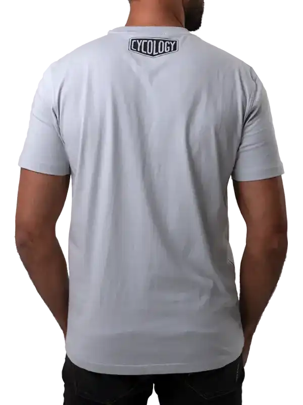 Gray men's cycling t-shirt with 'Cycology' logo on back, ideal for active wear and outdoor adventures.