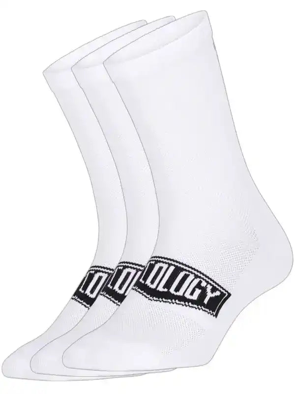 White cycling socks with black logo, breathable mesh design for men and women