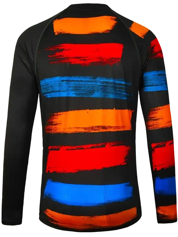 Men's cycling jersey with bold orange, red, and blue brushstroke stripes on black fabric
