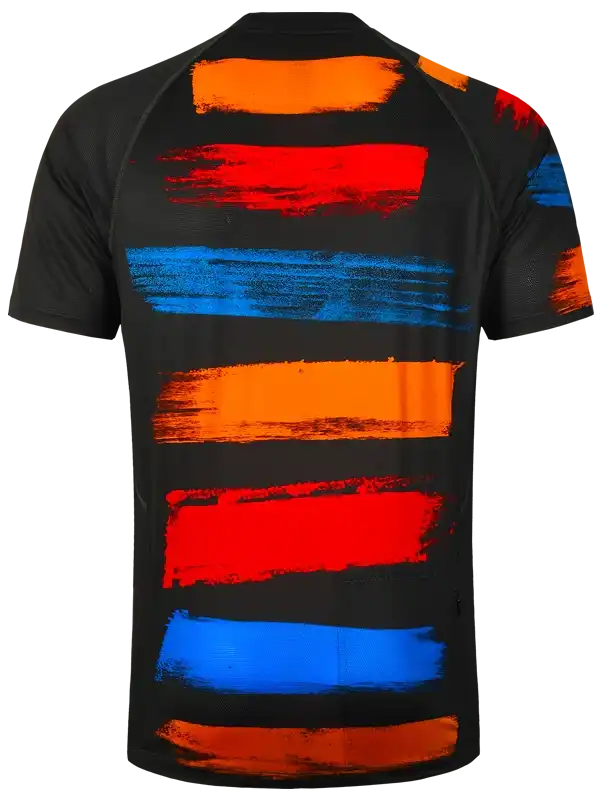 Men's cycling jersey with bold orange, red, and blue brushstroke stripes on black fabric