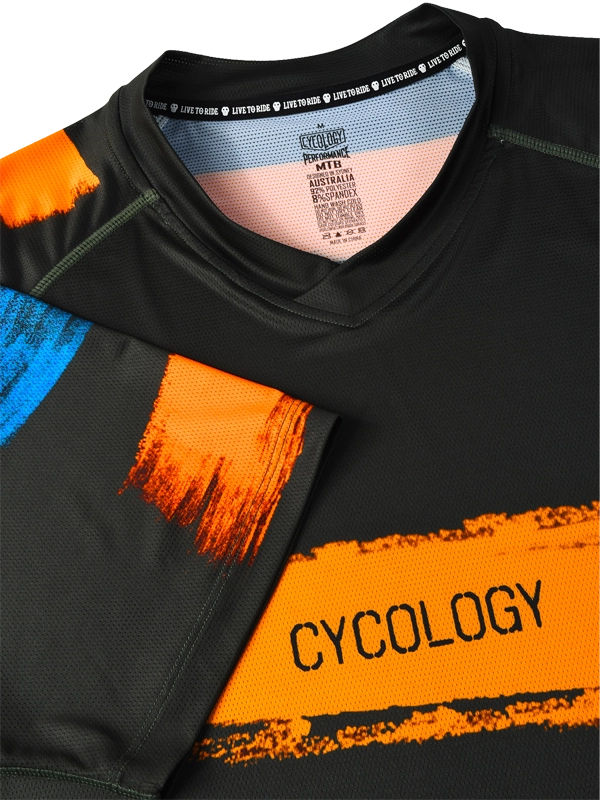 Black long-sleeve MTB Jersey with colorful sleeves and 'Cycology' logo on front
