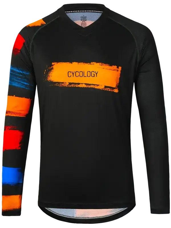 Black long-sleeve cycling jersey with bold orange, red, and blue brushstroke design and CYCOLOGY logo