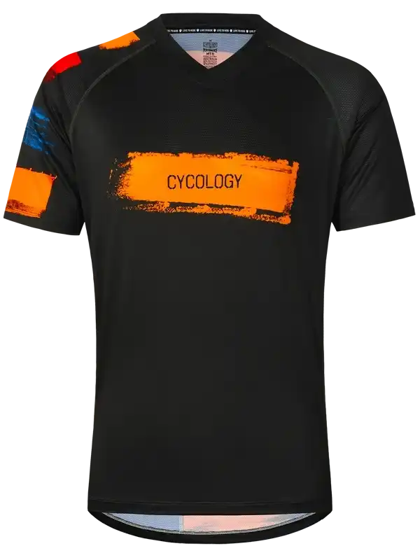 Men's black cycling jersey with bold orange 'CYCOLOGY' graphic and colorful sleeve accents, performance fabric