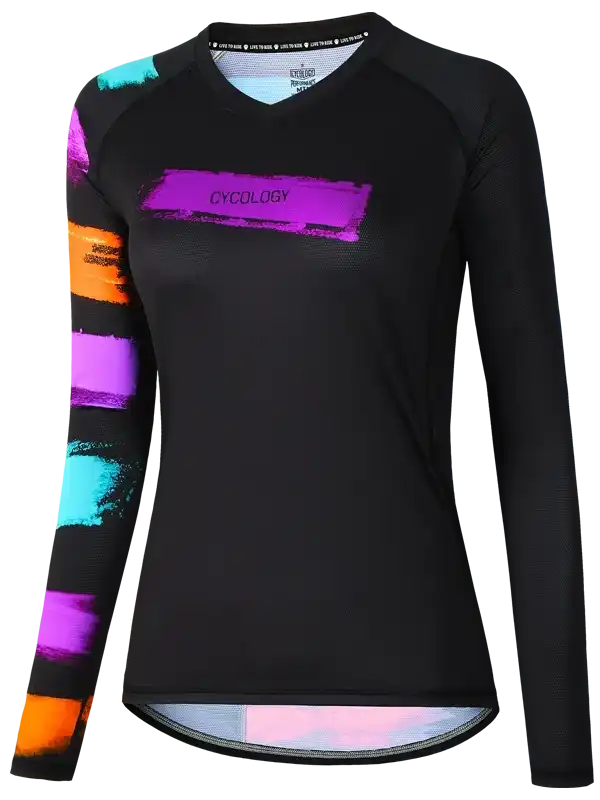 Women's black long sleeve cycling jersey with vibrant color block sleeves and reflective hem