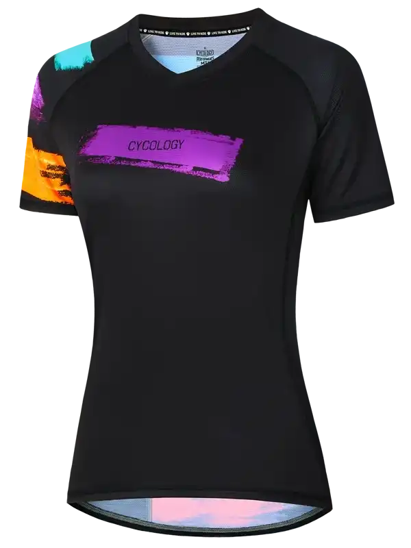 Black women's cycling jersey with colorful abstract design and purple CYCOLOGY logo