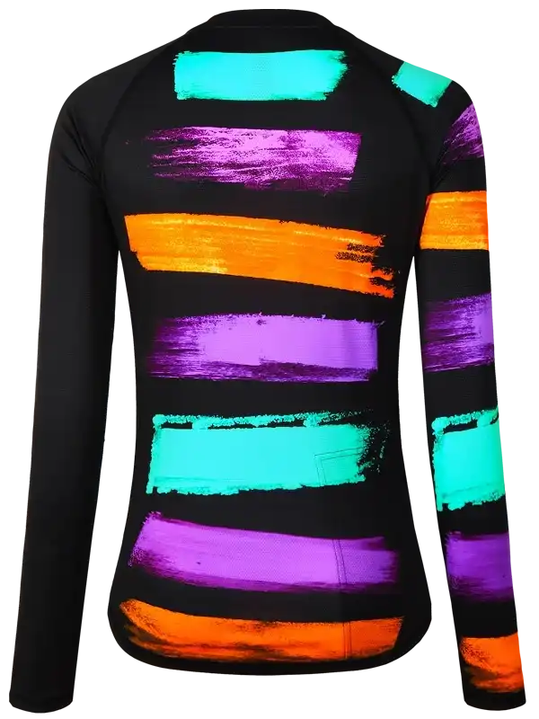 Women's cycling jersey with vibrant neon brushstroke stripes on black, long-sleeve performance fabric