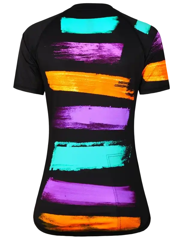 Women's cycling jersey with vibrant brushstroke stripes in purple, orange, and teal on black fabric.