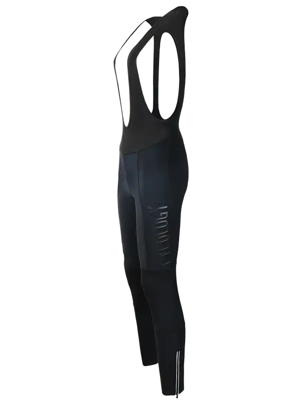 Black women's cycling bib tights with ergonomic design and reflective details for road cycling performance