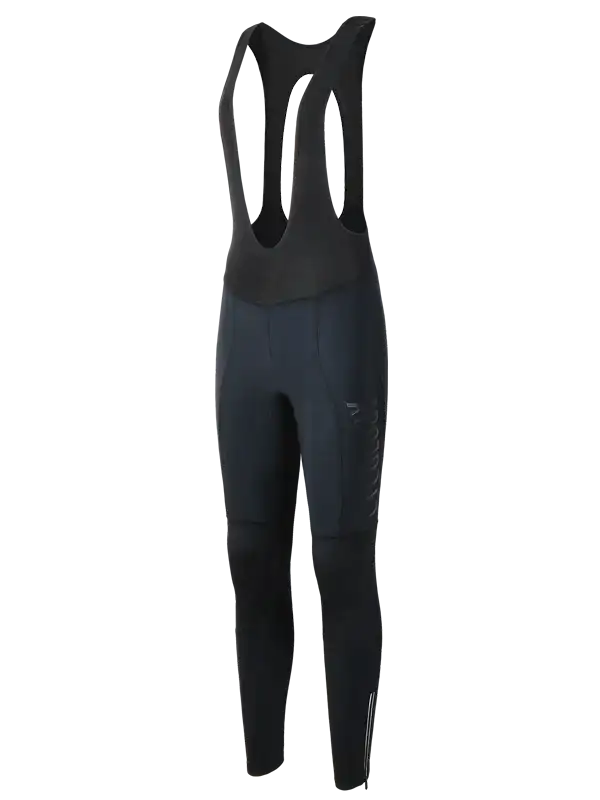 Black women's cycling bib tights with ergonomic straps and reflective details for road biking comfort