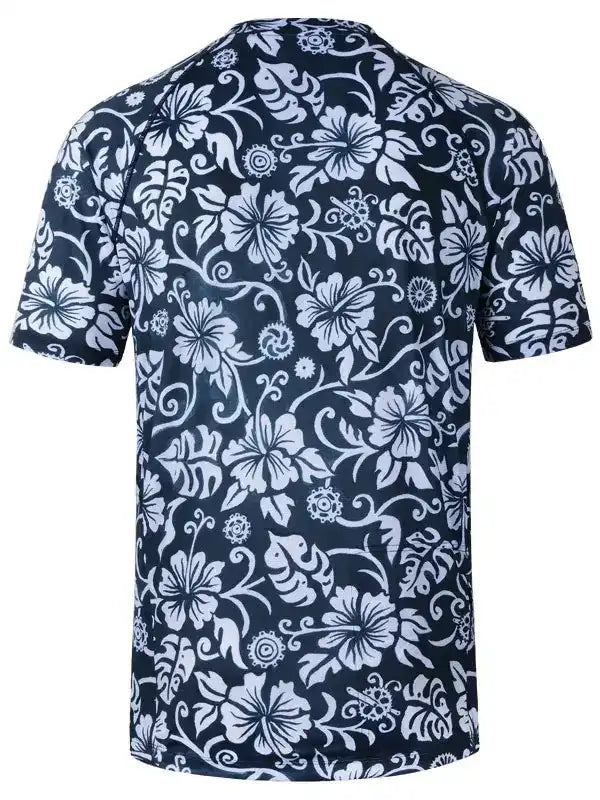 Men's navy blue cycling jersey with white floral hibiscus print, short sleeve bike apparel