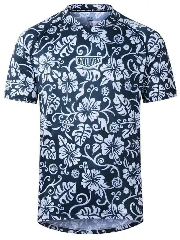 Men's cycling jersey with white floral pattern on navy blue, featuring breathable fabric and brand logo