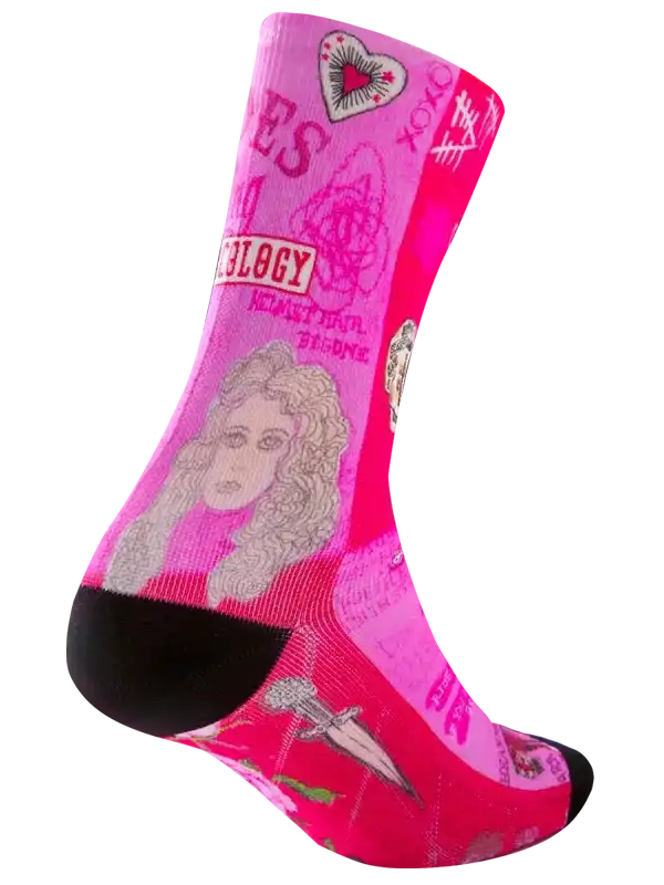 Pink cycling sock with retro graphic design, heart, and text details for women's bike wear