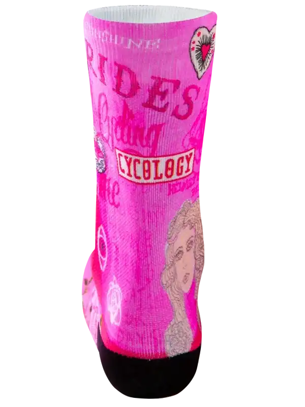 Pink cycling sock with 'Rides' and 'Cycology' graphics, heart design, and vintage portrait for women's bike wear