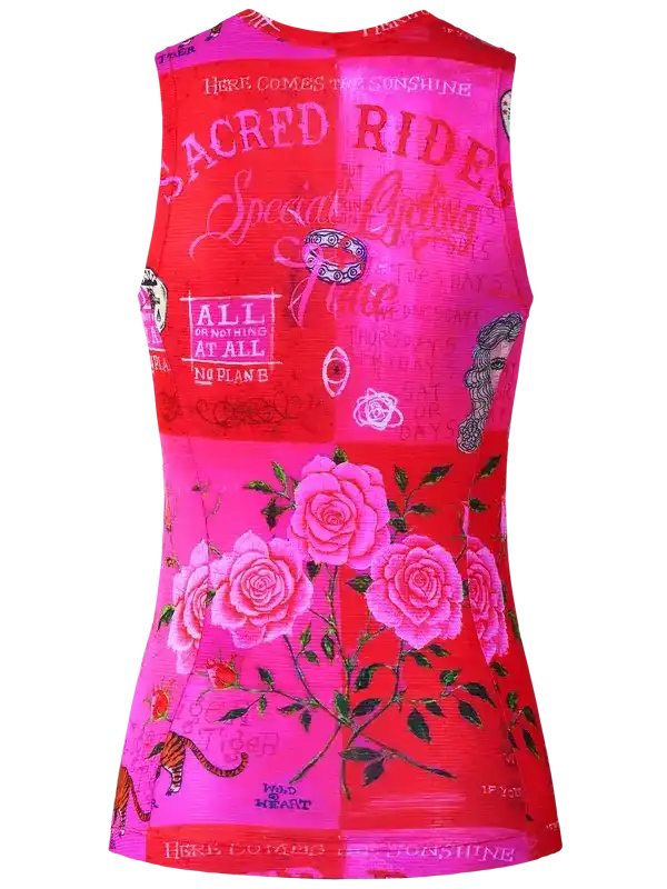 Women's cycling tank top with vibrant pink and red floral and text print design