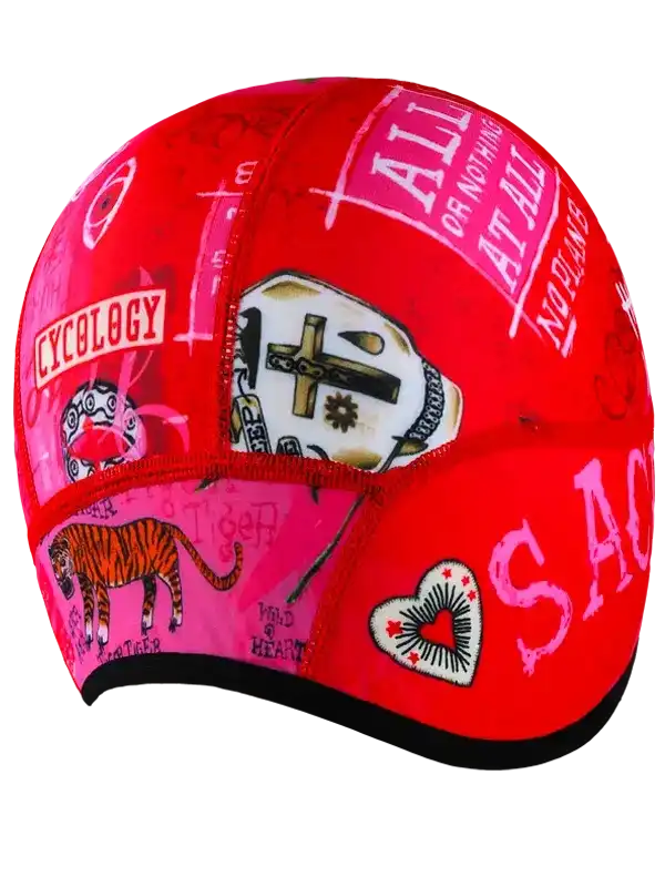 Red cycling cap with bold graffiti-style graphics, tiger, heart, and 'Cycology' text for men's and women's bike wear
