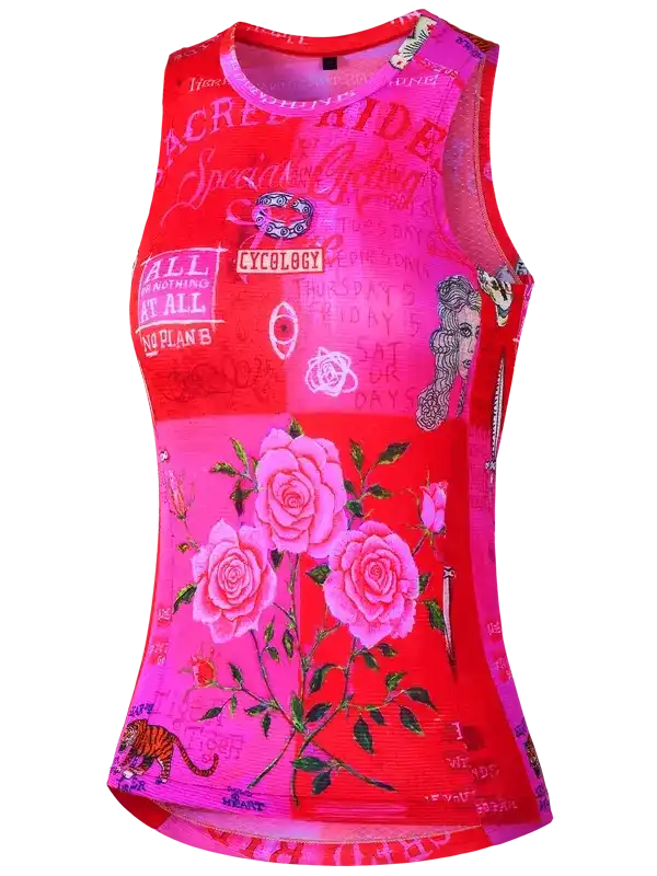 Women's red and pink cycling jersey with rose print and graphic text, breathable sleeveless design