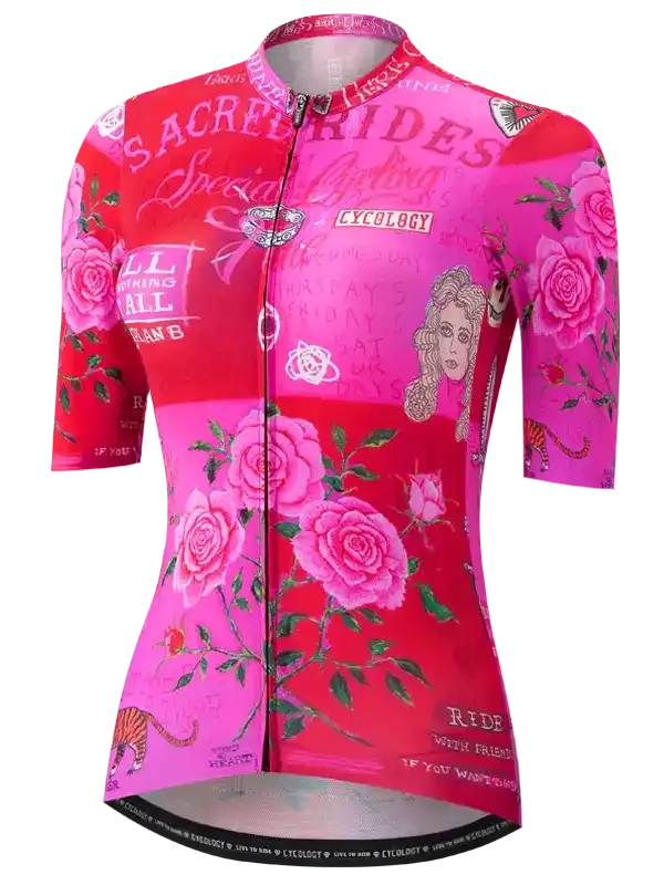 Women's cycling jersey with pink roses, vintage text, and tiger print design for road bike rides