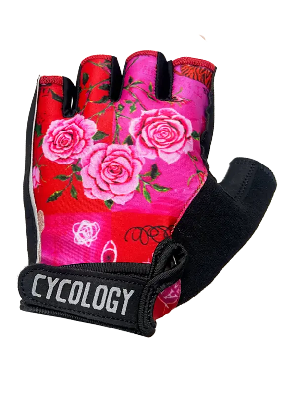 Glove with pink rose design and 'Cycology' 