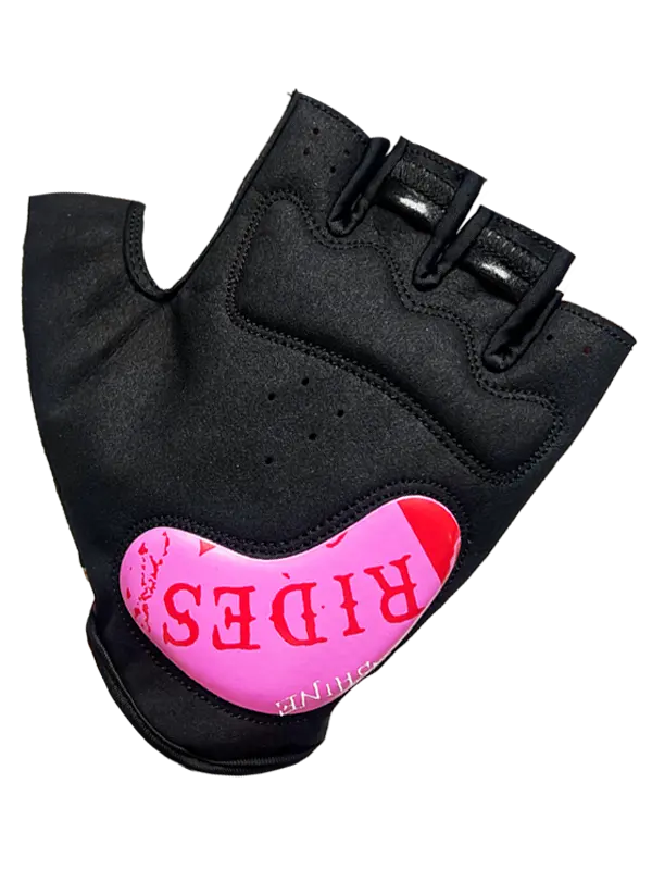 Black cycling glove palm with pink heart and 'RIDES' text 