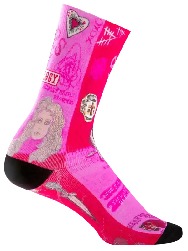 Pink cycling socks with unique designs, featuring hearts, portraits, and bold patterns for men and women.