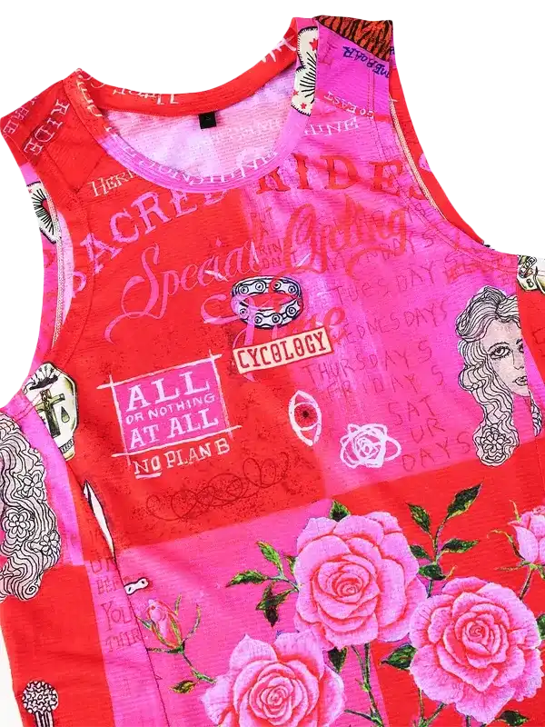 Vibrant red and pink women's cycling tank top with rose graphics, bold text, and edgy designs for road or mountain biking.