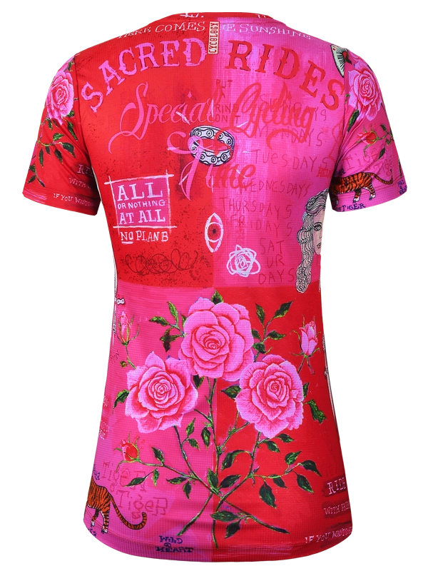 Womens Red Tech  t-shirt with pink floral designs and text 