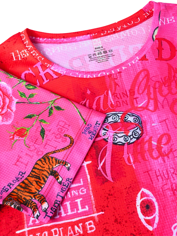 Womens Red Tech  t-shirt with pink floral designs and text 