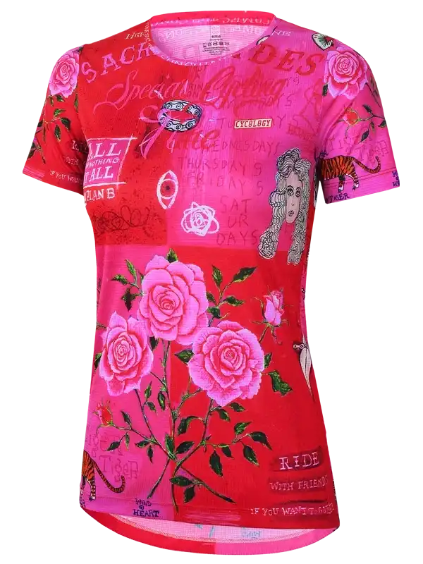 Vibrant pink women's cycling jersey with rose print, tiger, and graphic text design