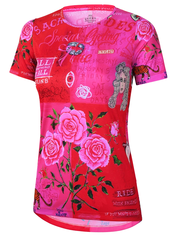 Womens Red Tech  t-shirt with pink floral designs and text 