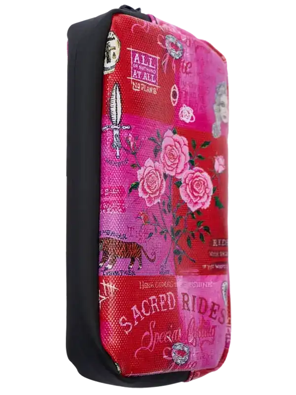 Pink floral cycling pouch with roses, sword, and 'Sacred Rides' text, ideal for bike gear storage