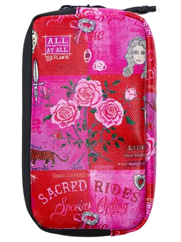 Pink and red cycling pouch with rose print, 'Sacred Rides' text, and vintage graphics for bike accessories