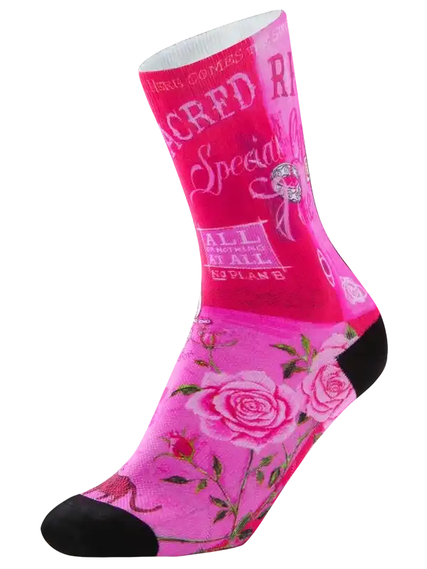 Pink cycling sock with rose floral print and bold text design for women's bike wear