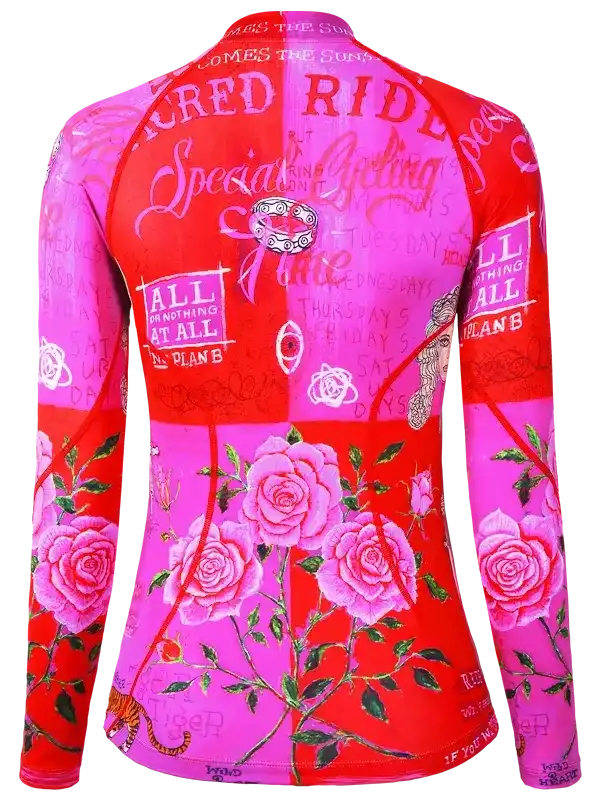 Women's long sleeve cycling jersey with pink roses and bold text design, vibrant red and pink colors