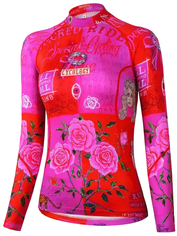 Women's long sleeve cycling jersey with pink roses and bold red graphic print, performance fabric