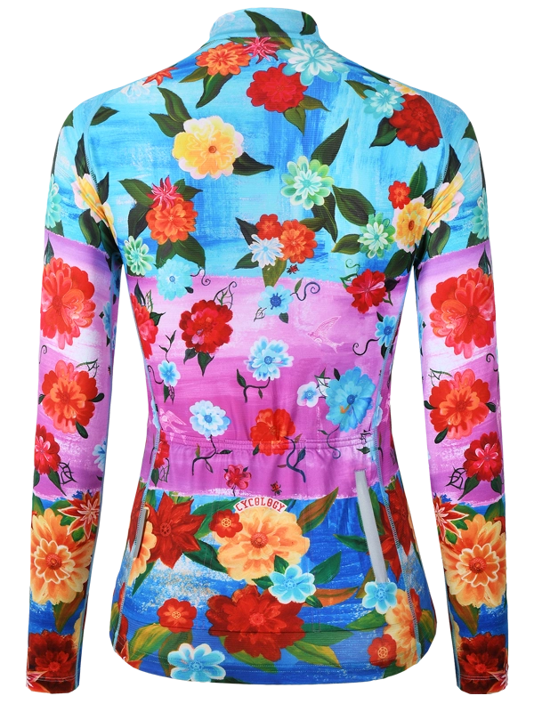 Colorful women's long sleeve  cycling jersey with floral design and 'Cycology' branding on a pink and blue background