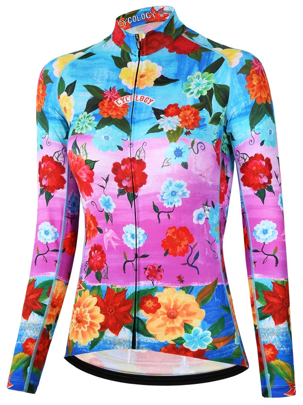 Colorful women's long sleeve  cycling jersey with floral design and 'Cycology' branding on a pink and blue background