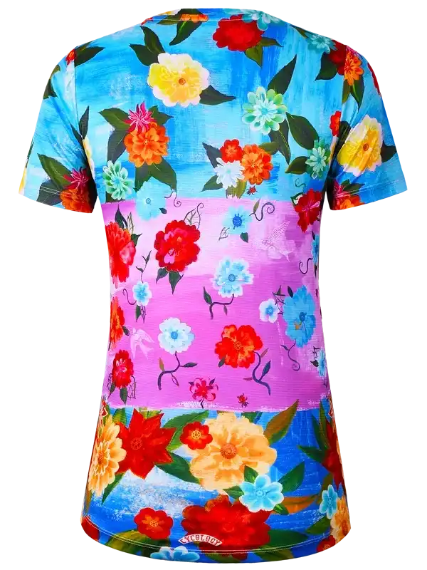 Women's floral cycling jersey with vibrant blue and pink print, short sleeves, and colorful flowers