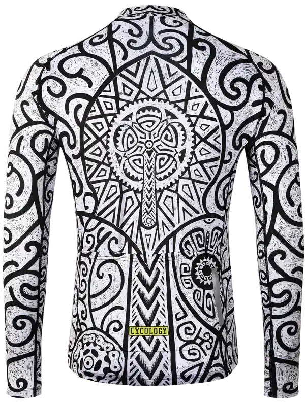 Men's long sleeve cycling jersey with bold black and white tribal pattern, featuring geometric and gear designs for road biking.