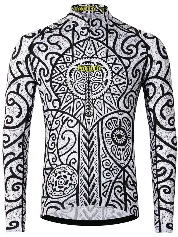 Men's long sleeve cycling jersey with intricate black and white tribal pattern and full front zipper
