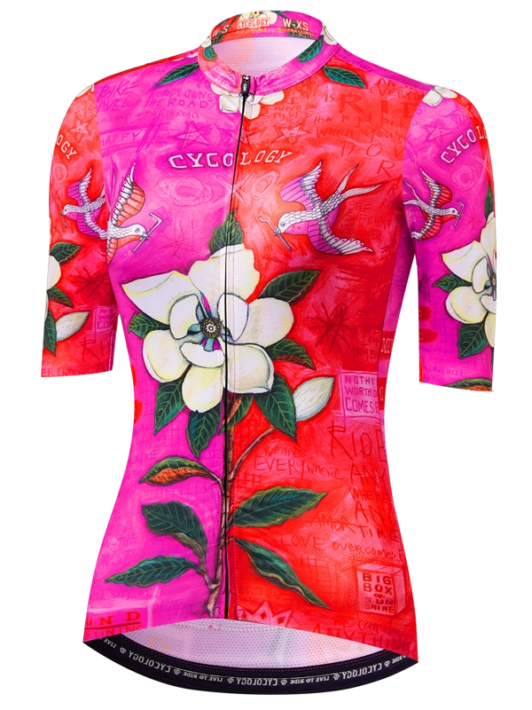 Women's pink cycling jersey with floral and bird design  