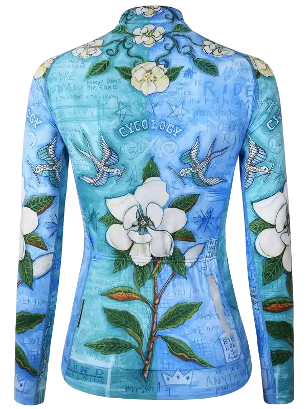 Women's long sleeve cycling jersey with floral and bird print, blue background, performance fabric